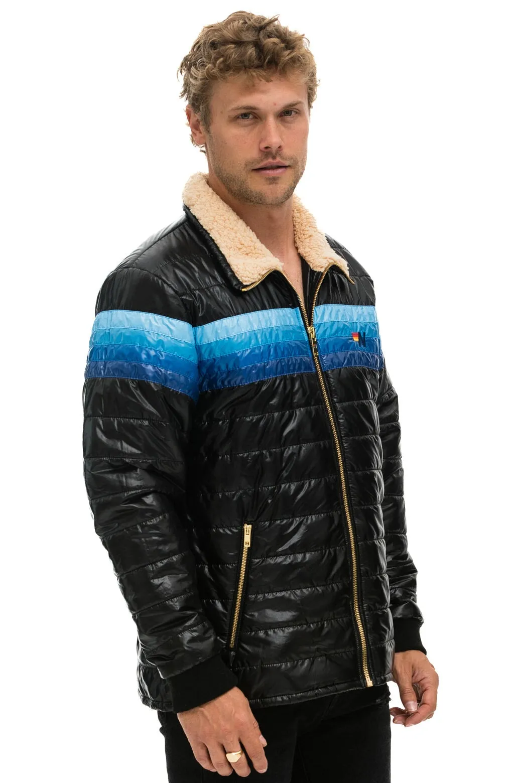 4 STRIPE RAINBOW SLEEVE JACKET -  GLOSSY BLACK // BLUE