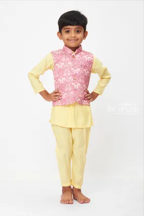 Boys Pastel Yellow and Pink Floral Overcoat Kurta Set with Pant