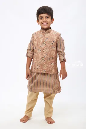 Boys Traditional Brown Kurtha with Floral Overcoat and Striped Jacket Set