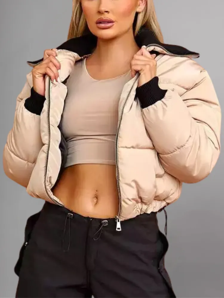 Cropped Puffer Jacket With Rib Collar Beige