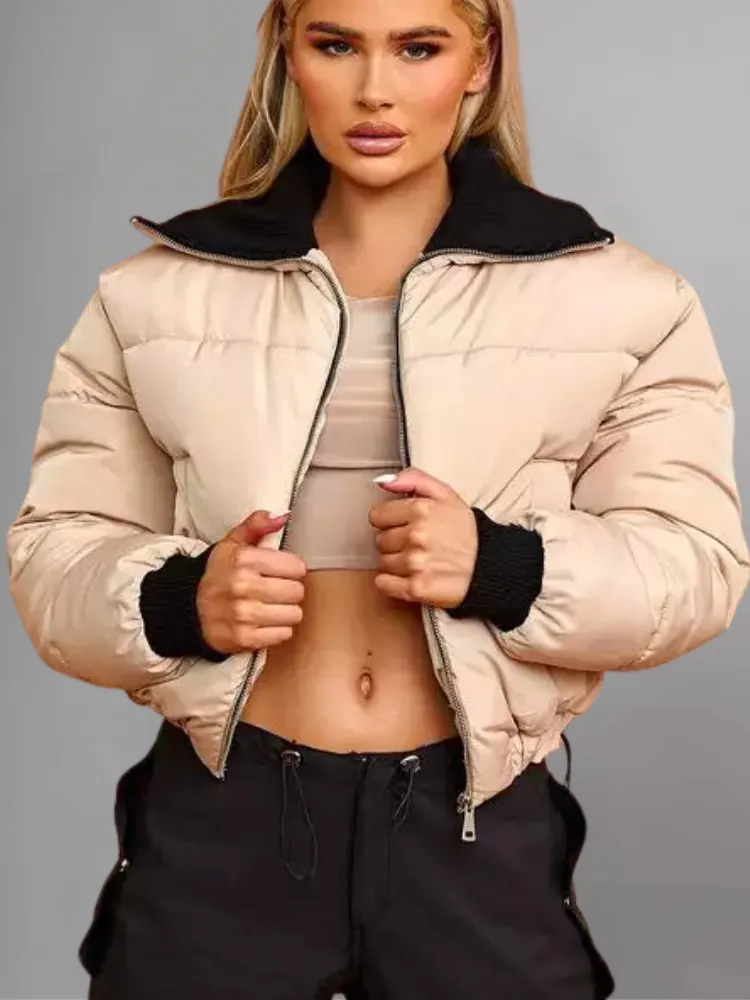 Cropped Puffer Jacket With Rib Collar Beige