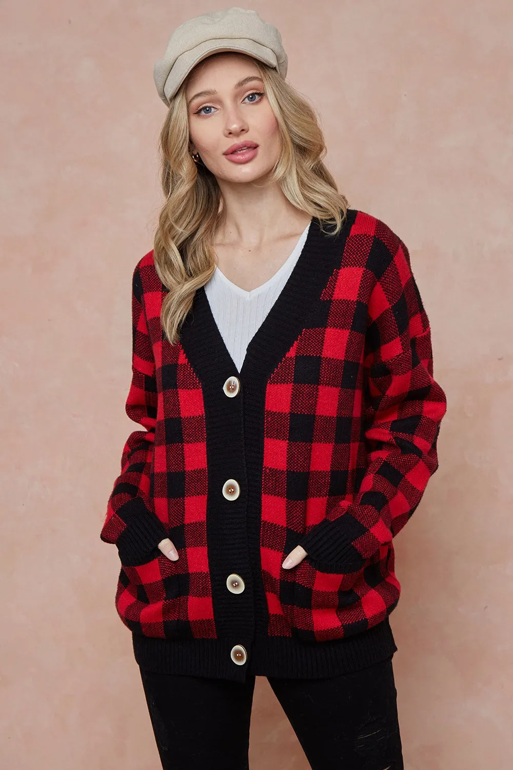 Gingham Check Button Down Long Sleeve Relaxed Sweater Cardigan