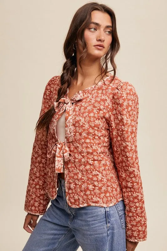 Mae Long Sleeve Bow Tie Floral Print Quilted Jacket Rust