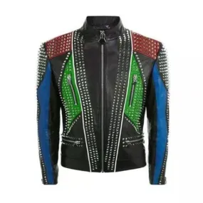 Multi-Color Studded Punk Men's Leather Jacket with Four Front Zippers