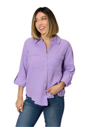 TEEK - Lavender Button Up Raw Hem Long Sleeve Shirt