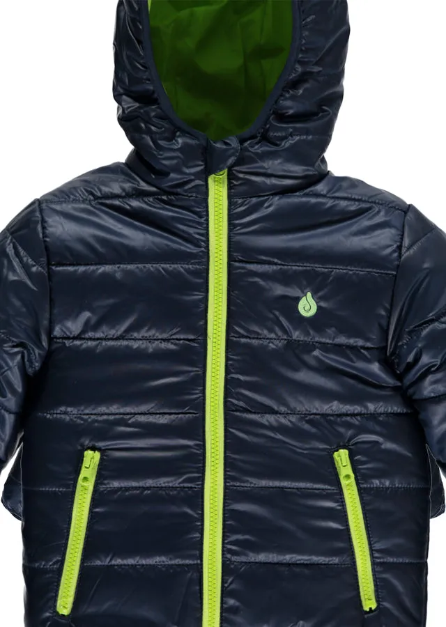 Warm Padded Jacket with Hood in Navy/Lime