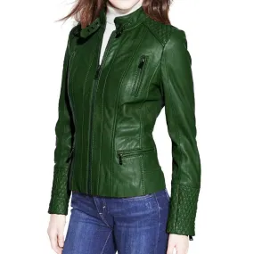 Women Slim Fit Dark Green Leather jacket